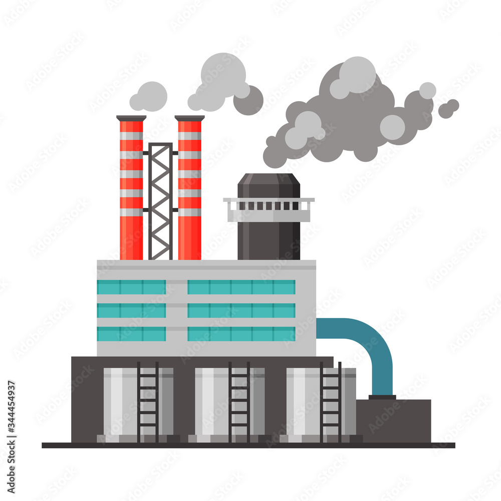 Obraz premium Refinery Plant, Industrial Factory Building with Smoke Flat Vector Illustration