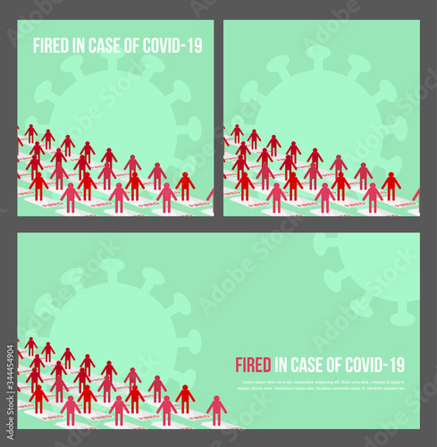 Fired and dismissed people from job. Dismissal, severance, termination in case of coronavirus or virus COVID-19. Unemployed jobless benefit. Boss dismissed employee. Banner vector illustration.