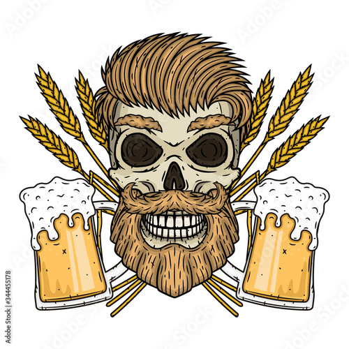 Skull with ears of wheat and glass of beer.