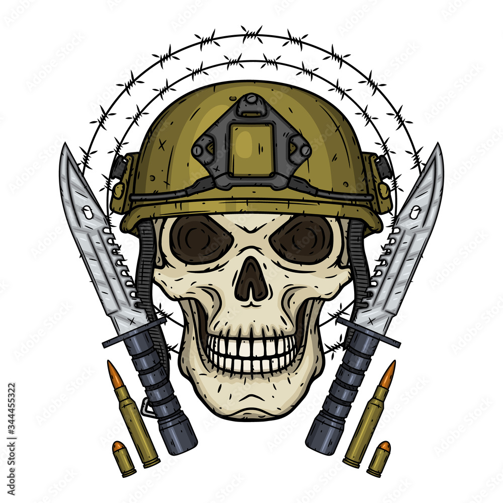 Soldier skull. Skull in helmet with tactical knifes, bullets and barbed ...