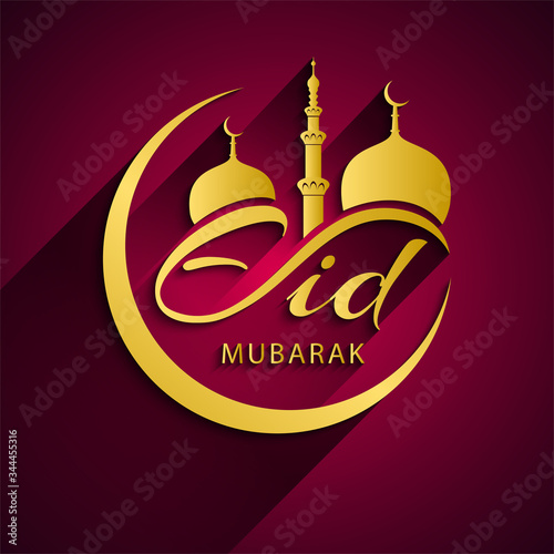 Eid Mubarak Golden English Calligraphy Text with Moon, Masjid Dome and 3D look on Dark Purple Background