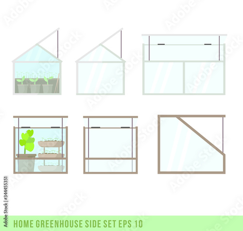 Home mini greenhouse for house and balcon. Side set of two types of glass green house.Flat vector illustration. Gardening and plant. Garden and seeds. Take care of green friends