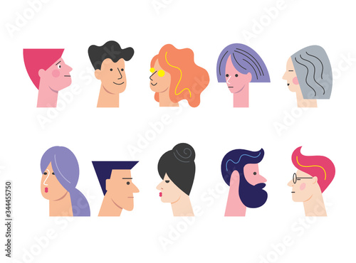 People Avatar Face Collection icons, set of stylized vector portraits in minimalist style, cartoon emotion characters