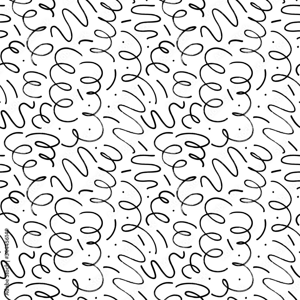 Black paint freehand scribbles vector seamless pattern. Wavy lines and round shapes, dry brush stroke texture.