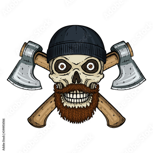 Skull lumberjack with a beard, mustache, black hat and crossed axes.