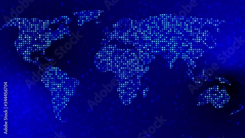 Abstract background - digital world map with square graphic elements - changing blue colors in a seamless loop