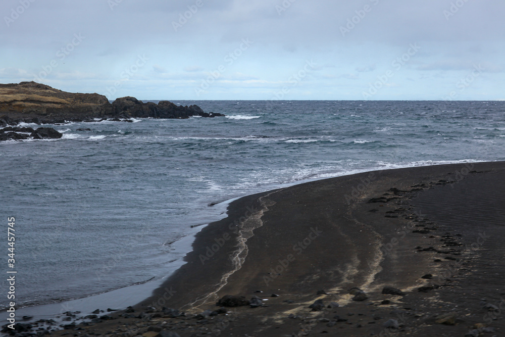 Ocean beach with coastal waves and black sand in Iceland