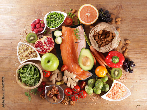 health food selection with fish, fruit and vegetable