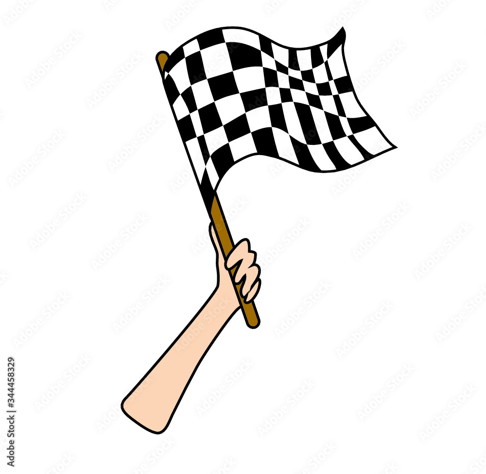 checkered racing flag in hand race icon isolated on white background