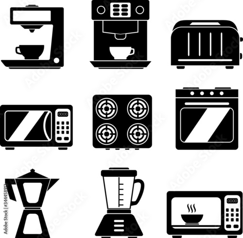 Kitchen appliances kitchenware vector icon set, icons such as oven, microwave, toaster, coffee maker and others