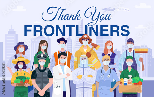 Thank You Frontliners Concept. Various occupations people wearing protective masks. Vector