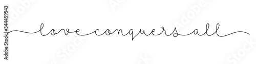 LOVE CONQUERS ALL black vector monoline calligraphy banner with swashes