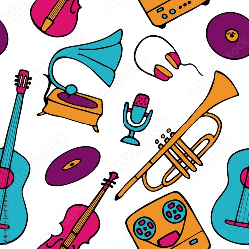 Musical pattern. Hand-drawn musical instruments icons. Bright seamless texture for wallpaper or fabric. Vector