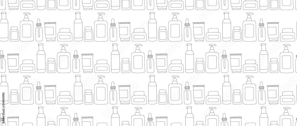 Home beauty routine essensials seamless vector pattern. Vector hand drawn illustration. Cream, face oil, toner, serum, eye gel. Skin care products for SPA, line art beauty concept.