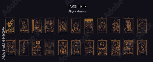 Big Tarot card deck.  Major arcana set part  . Vector hand drawn engraved style. Occult and alchemy symbolism. The fool, magician, high priestess, empress, emperor, lovers, hierophant, chariot photo