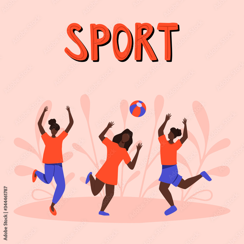 Girls in sport clothes playing volleyball vector flat illustration with hand drawn lettering.
