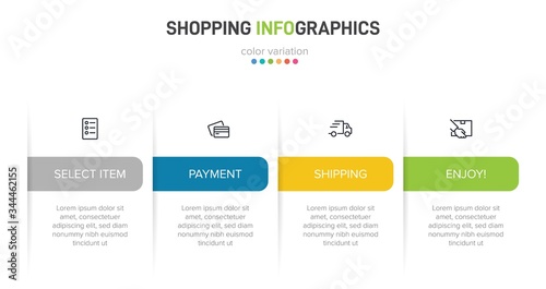 Concept of shopping process with 4 successive steps. Four colorful graphic elements. Timeline design for brochure, presentation, web site. Infographic design layout.