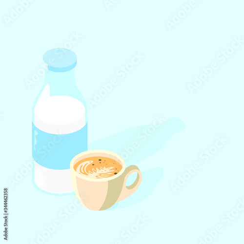 Milk in a glass bottle and a cup with a cappuccino with a pattern on coffee foam on a blue background