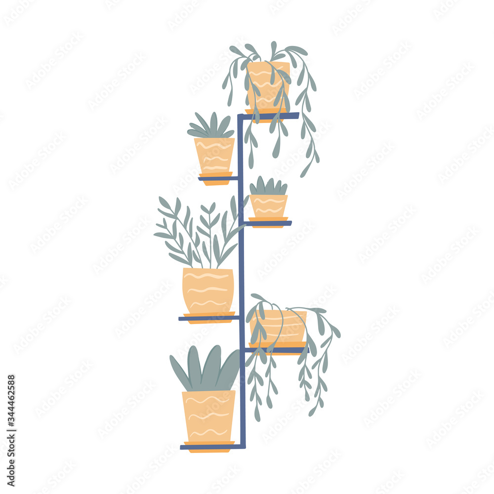 Hand drawn flat illustration of decorative houseplants in pots isolated on white background.
