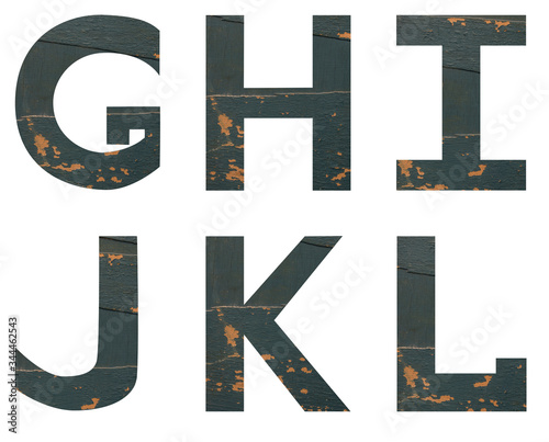 Isolated set of Font English or Latin Letters GHIJKL made of old peeling paint wooden board with cracks on white background