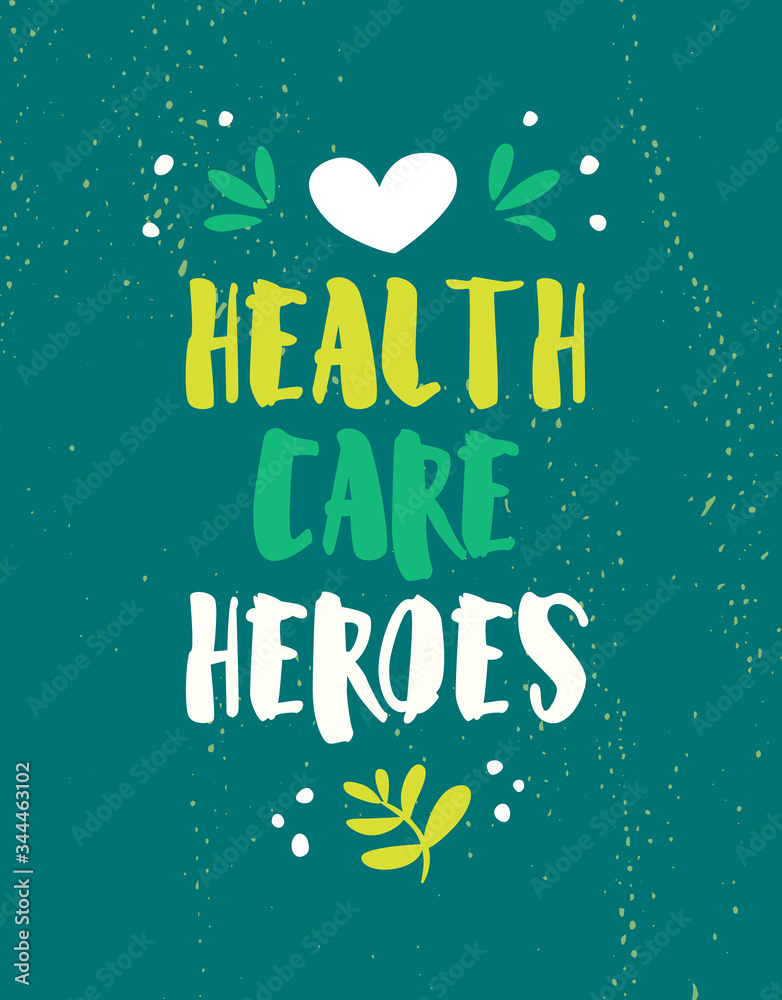 Thank you poster for doctors with heart and plants on green background. Vector card.