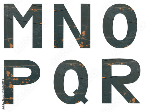 Isolated set of Font English or Latin Letters MNOPQR made of old peeling paint wooden board with cracks on white background