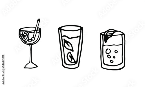 Set of three cocktails. Alcoholic and non-alcoholic drinks. Doodle style. Vector illustration.
