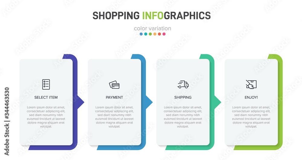Concept of shopping process with 4 successive steps. Four colorful graphic elements. Timeline design for brochure, presentation, web site. Infographic design layout. Concept of shopping process with 4 successive steps. Four colorful graphic elements. Timeline design for brochure, presentation, web site. Infographic design layout.