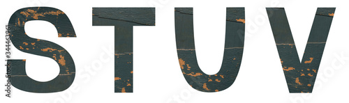 Isolated set of Font English or Latin Letters STUV made of old peeling paint wooden board with cracks on white background