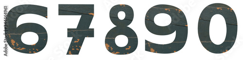 Isolated on white background Font set of numbers 67890 made of old peeling paint wooden board with cracks