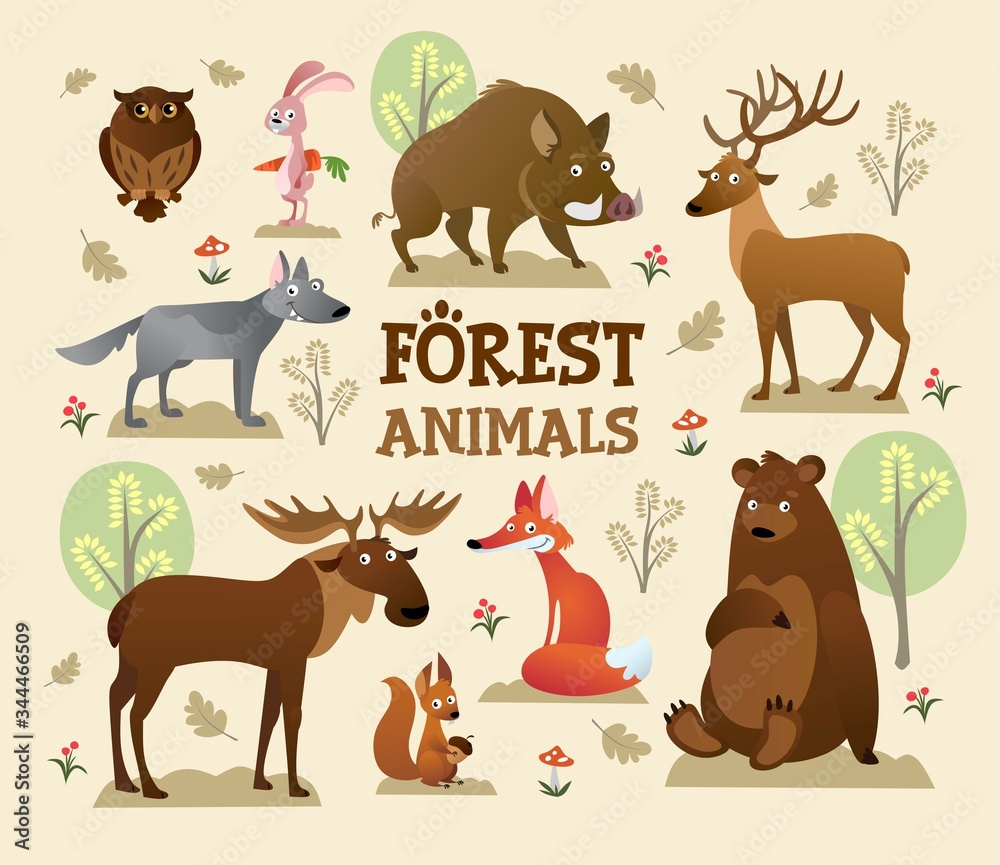 Collection of forest and wild animals with decor vector illustration. Rabbit with carrot and squirrel with nut flat style. Trees and greenery. Wildlife and nature creatures concept Collection of forest and wild animals with decor vector illustration. Rabbit with carrot and squirrel with nut flat style. Trees and greenery. Wildlife and nature creatures concept