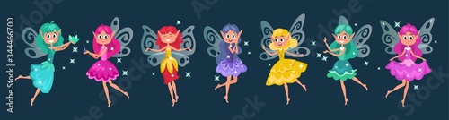 Cute fairies dressed in colourful dresses vector illustration. Little creatures with bright hair and wings flat style. Mythical characters on dark background. Magic concept