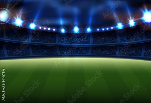 Realistic football field with illumination vector illustration. Audience with fans cartoon design. Championship competition. Soccer and active sport concept