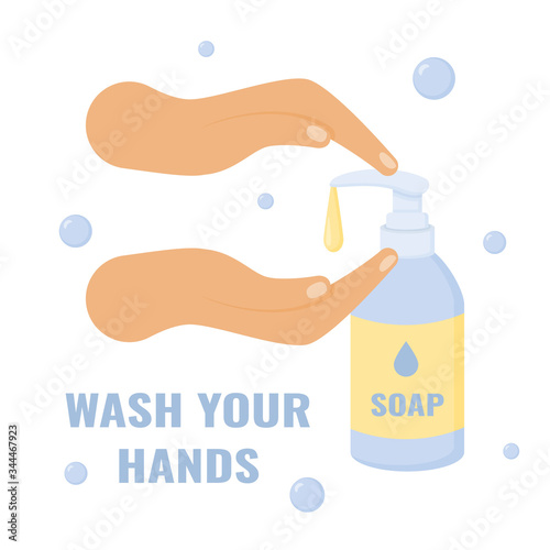Hand washing with soap. Hands, soap, bubbles. Prevention of coronavirus. Isolated on a white background. Vector illustration.