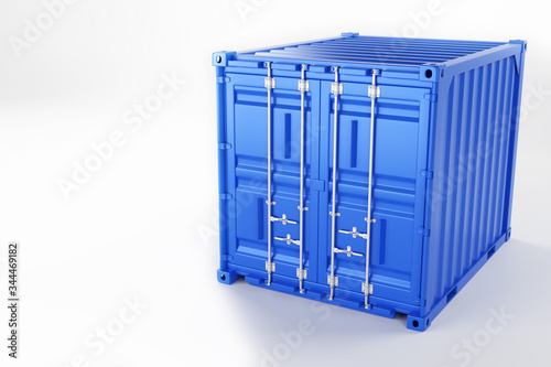 A high quality image of a blue 10ft shipping container on a white background. Ten foot sea shipping container 3d render