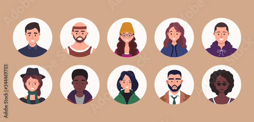 People avatar bundle set. User portraits. Different human face icons. Male and female characters. Smiling men and women characters. Flat cartoon style vector illustration