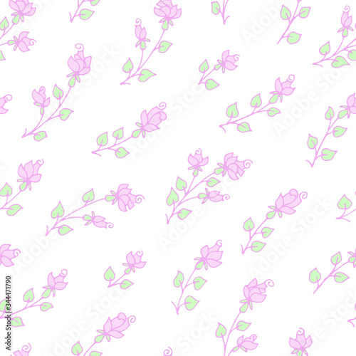 Vector seamless pattern: hand drawn pretty pink roses with mint color leaves on white. Tender pastel design for textile, wrapping paper, wallpaper.