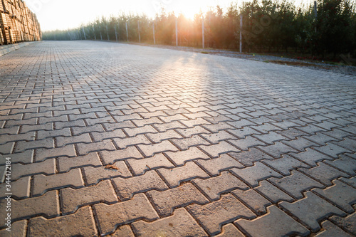 Perspective View Monotone Gray Brick Stone Pavement on The Ground for Street Road. Sidewalk, Driveway, Pavers, Pavement in Vintage Design Ground Flooring Square Pattern Texture Background for mock up