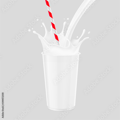 Cup with realistic milk splashes, drops and straw. Vector illustration on grey background. Ready for your design. EPS10.	
