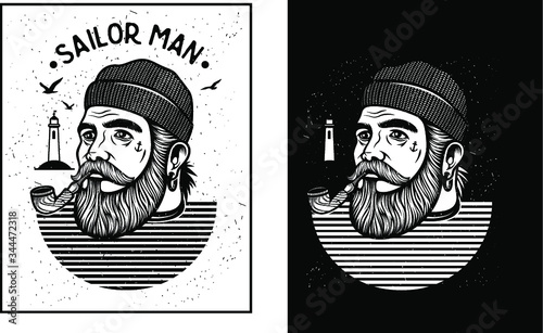 Portrait of a bearded sailor with a tobacco pipe. Hipster sailor man. Bearded boat captain smoking pipe.