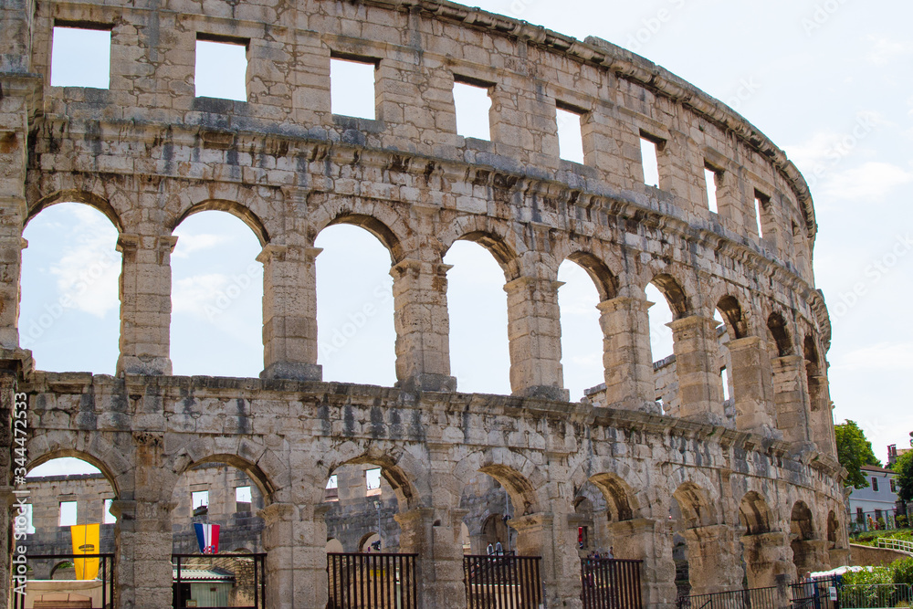 Facade of the Pula Arena, the only remaining Roman amphitheatre entirely preserved, in Pula, Croatia