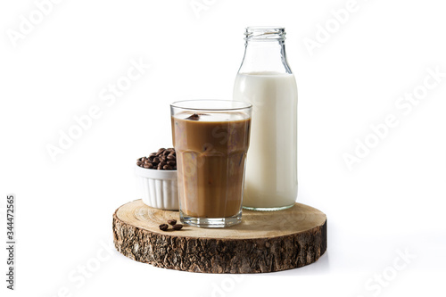 Iced coffee or caffe latte in tall glass isolated on white background 