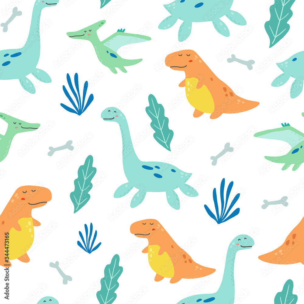 Cute dinosaur seamless pattern for kids, baby textile, wallpaper, nursery design. Funny little dino of hand drawn style. Vector illustration.