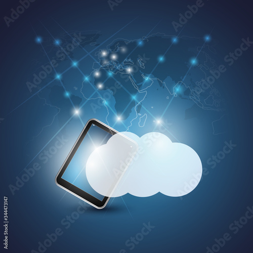 Cloud Computing Technology Concept with Glowing Nodes - Digital Network Connections, Internet Services Design