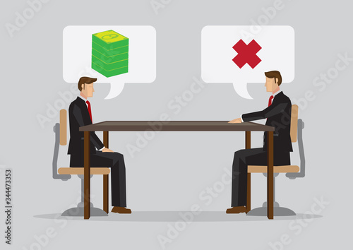 Cartoon employee demand for money from his employer and he rejected. Concept of business relationship. Vector illustration for ambiguous instructions.
