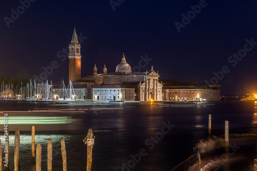 Gondolas, Grand Canal and San Giorgio Maggiore Church at night, Venice