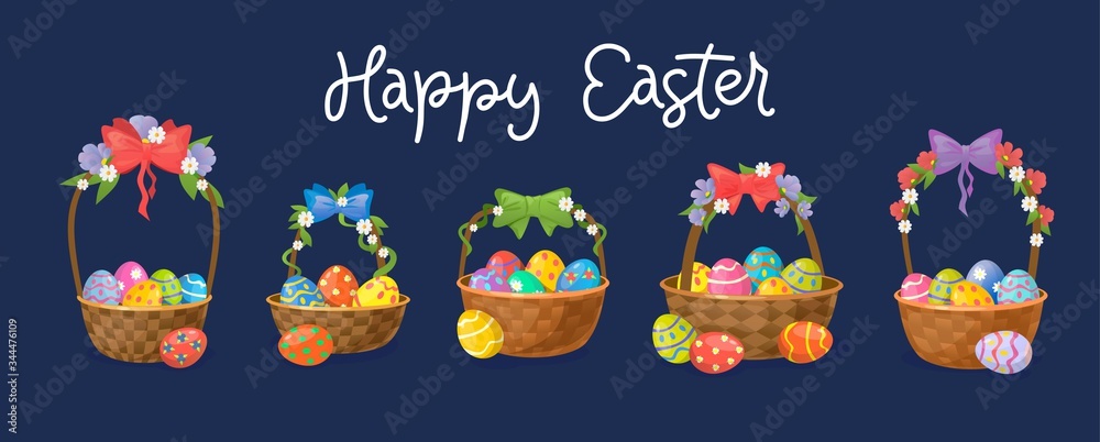 Wicker baskets with eggs set isolated on dark background vector illustration. Happy Easter lettering for greeting, invitation cards. Collection of pottles decorated spring flowers and festive bows Wicker baskets with eggs set isolated on dark background vector illustration. Happy Easter lettering for greeting, invitation cards. Collection of pottles decorated spring flowers and festive bows