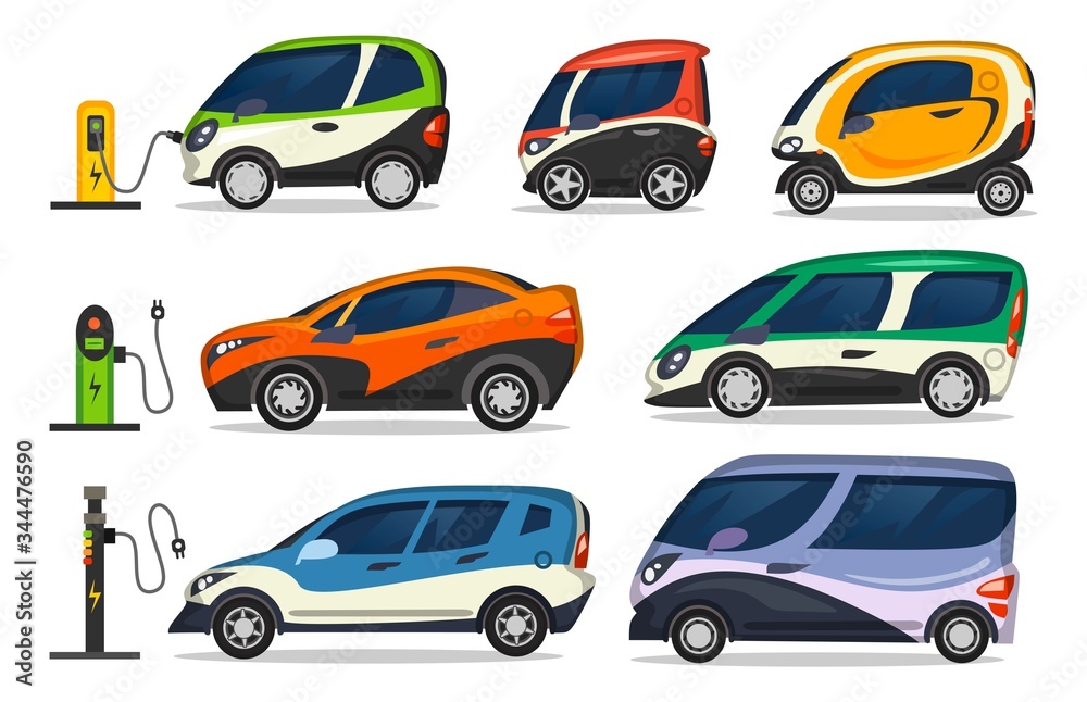 Set of different colourful electric cars on charger vector illustration. Bright compact automobiles flat style. New energy vehicles concept. Isolated on white background