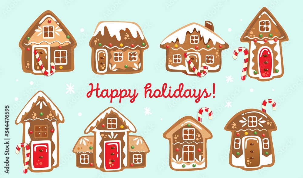 Christmas card with houses made of gingerbread cookies vector illustration. Happy holidays inscription flat style. Nice decorated biscuits. Isolated on blue background