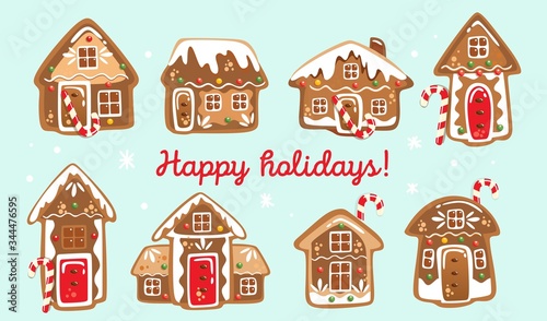 Christmas card with houses made of gingerbread cookies vector illustration. Happy holidays inscription flat style. Nice decorated biscuits. Isolated on blue background